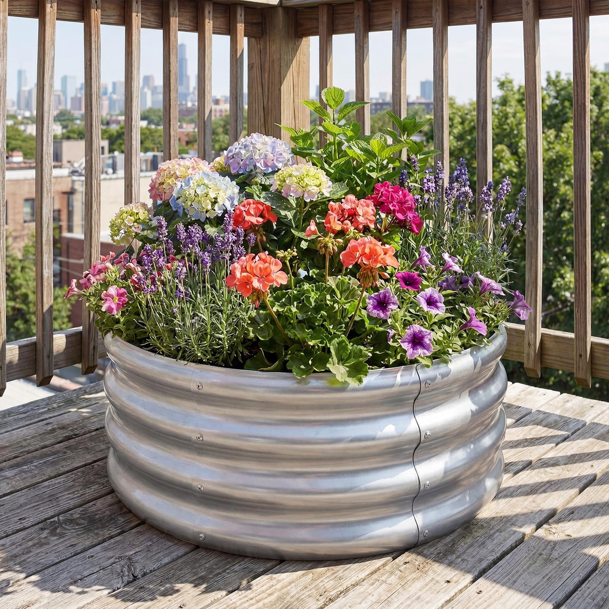 Lucktree Galvanized 2 x 2 x 1 FT Round Outdoor Planter Box with Open-Ended Base (1/2)