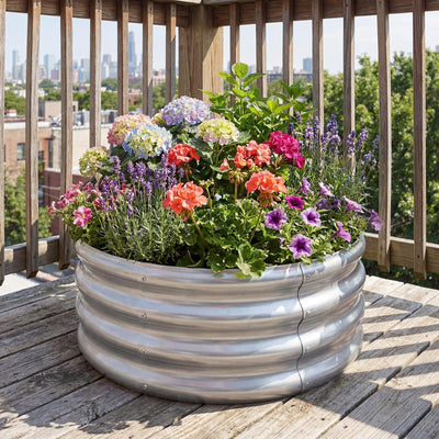 Lucktree Galvanized 2 x 2 x 1 FT Round Outdoor Planter Box with Open-Ended Base (1/2)