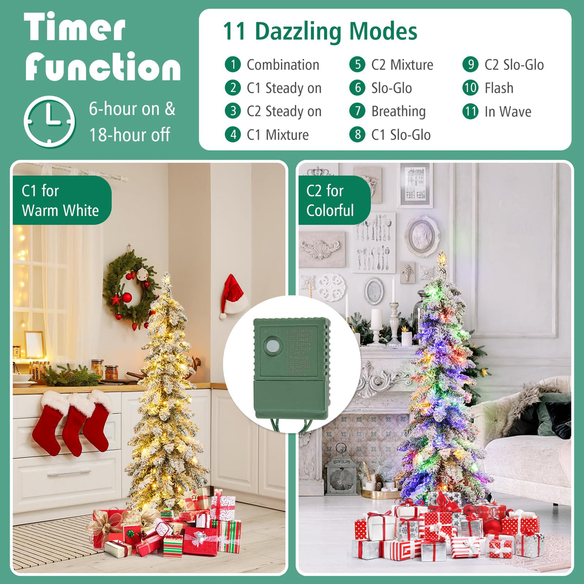 Lucktree Pre-Lit Flocked Pencil Christmas Tree Artificial Slim Xmas Tree