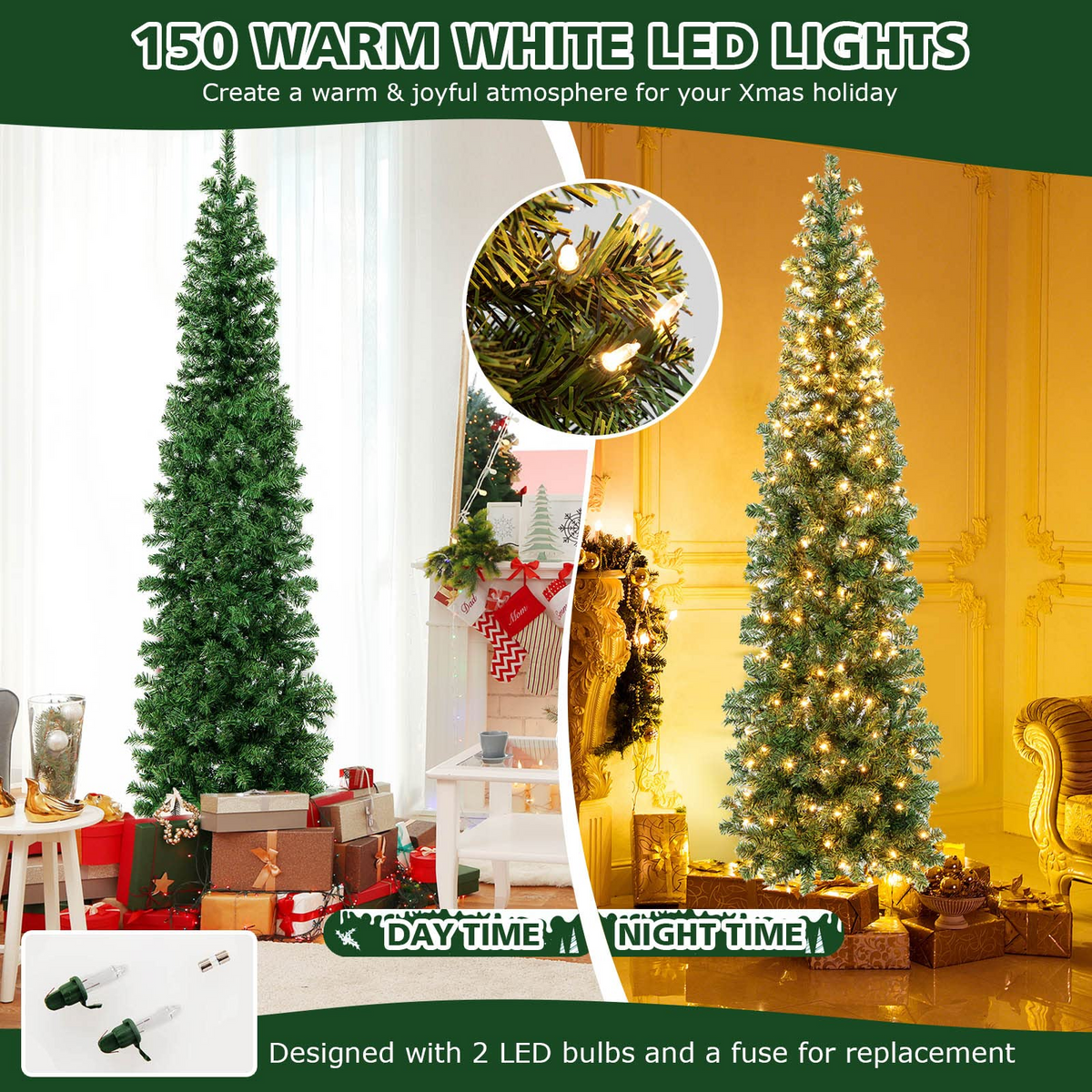 Lucktree 7ft Prelit Half-Shape Christmas Tree, Space-Saving Slender Artificial Xmas Tree with 150 LED Lights - LucktreeUS
