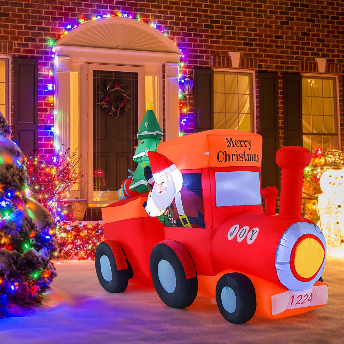 Lucktree 8.6 FT Lighted Christmas Inflatable Santa Claus on Train with Deer & Christmas Tree