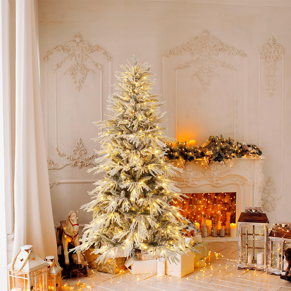 Lucktree 6FT / 7FT / 8FT Pre-Lit Snow Flocked Christmas Tree with PE & PVC Mixed Branch Tips