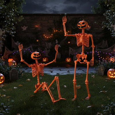 Lucktree 5.2 Ft Life-Size Posable Skeleton with Pumpkin Head Halloween Orange Skeleton Decoration