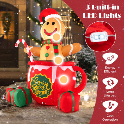 Lucktree 7 Ft Christmas Inflatable, Blow up Pre-Lit Gingerbread Man in Mug with Gift Boxes & Candy Cane