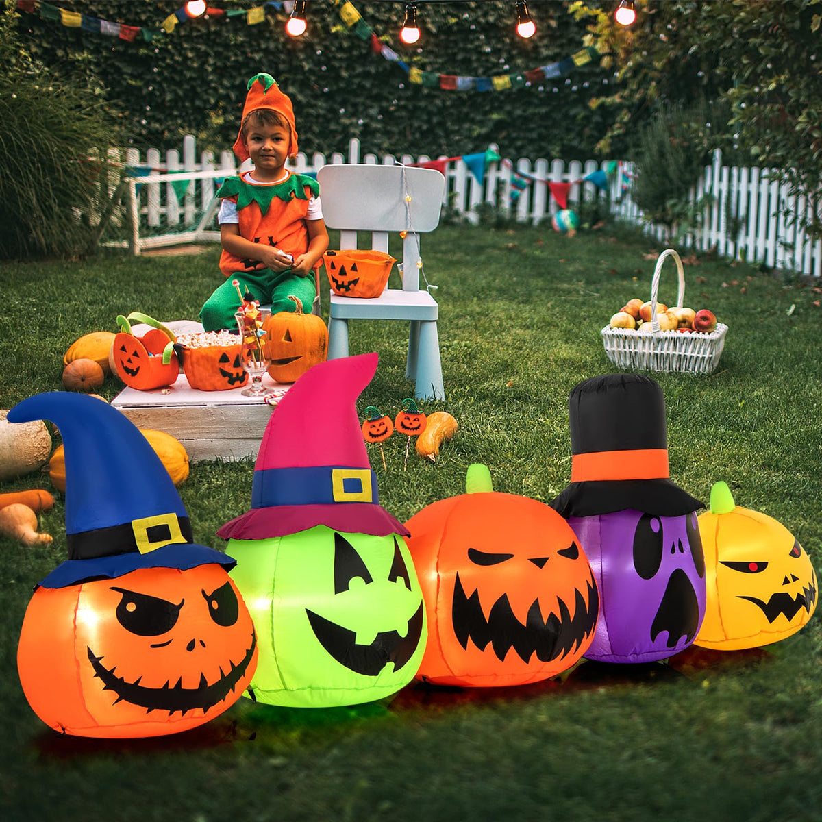 Lucktree 9 FT Inflatable Halloween Pumpkin Patch Family, Blow up Yard Decoration with Built-in LED Lights and Witch Hats