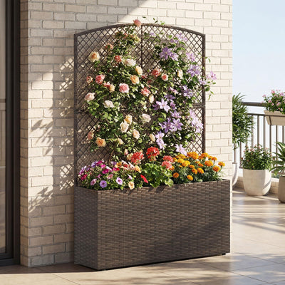 Lucktree Raised Garden Bed with Trellis | 58'' Tall PE Rattan Planter Box w/Liner & Drainage