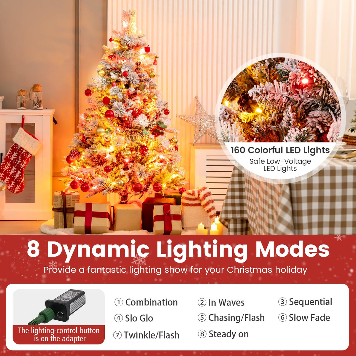 Lucktree Pre-Lit Snow Flocked Christmas Tree, Artificial Hinged Xmas Tree with 160 Multi-Color LED Lights