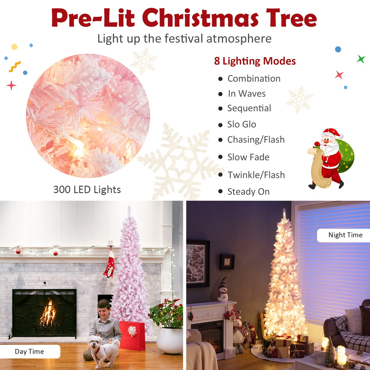 Lucktree 7ft Pre-Lit Pencil Christmas Tree, Snow Flocked Artificial Slim Tree with 800 Branch Tips - LucktreeUS