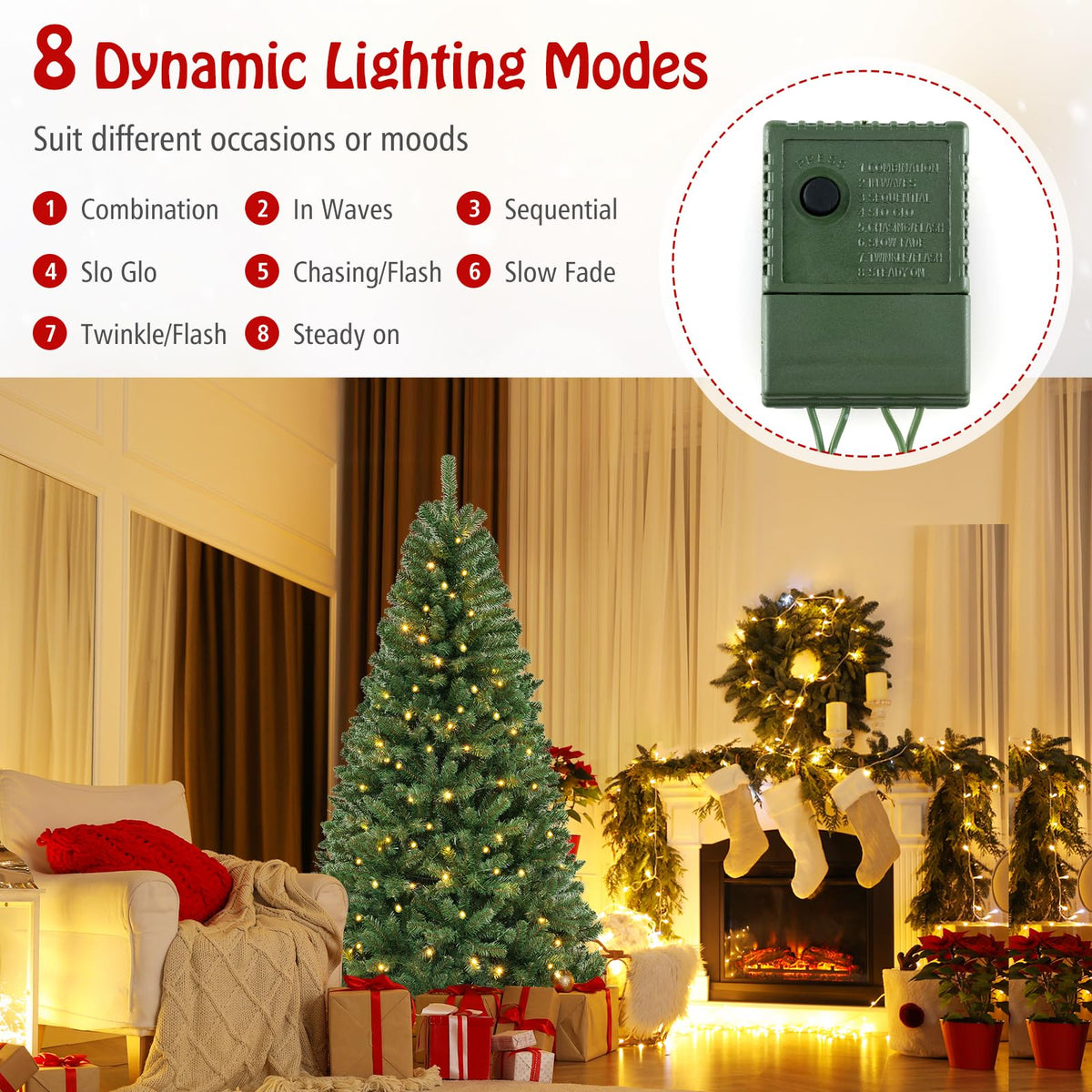 Lucktree 7ft Pre-Lit Christmas Tree, Artificial Hinged Xmas Tree with 250 Warm White LED Lights