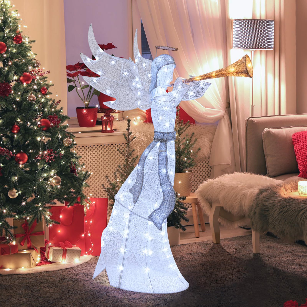 Lucktree 5 FT Lighted Trumpeting Angel, Light-up Christmas Angel with LED Lights