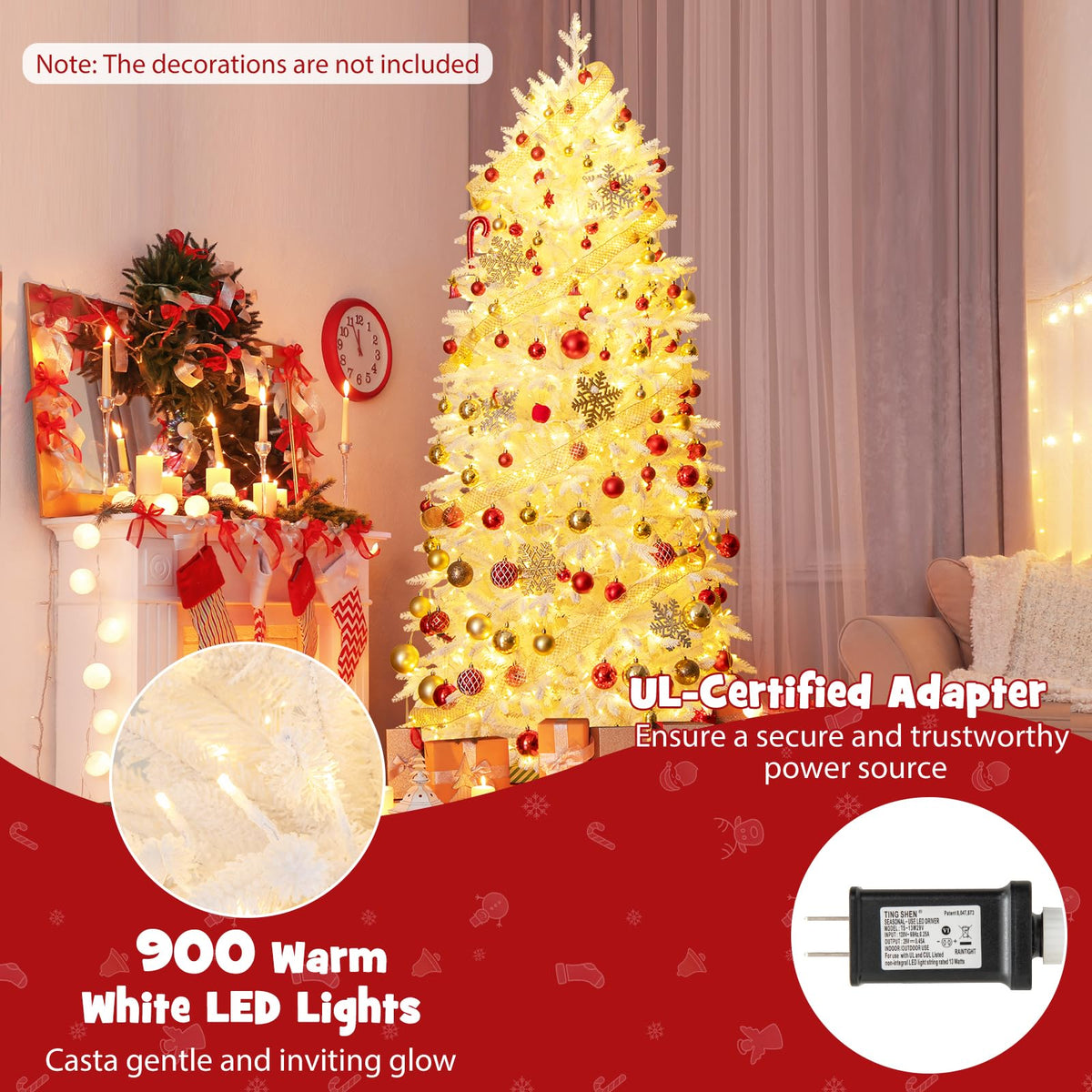 Lucktree 7ft Pre-Lit White Christmas Tree with Wheels & 900 Warm White LED Lights