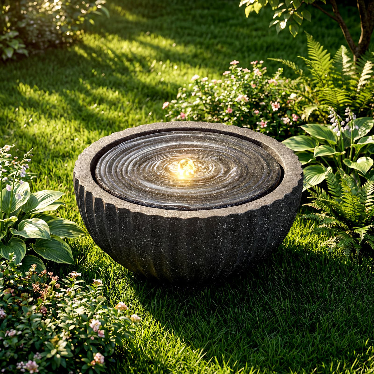 Lucktree 17.5"/18" Round Outdoor Water Fountain with 6 LED Lights