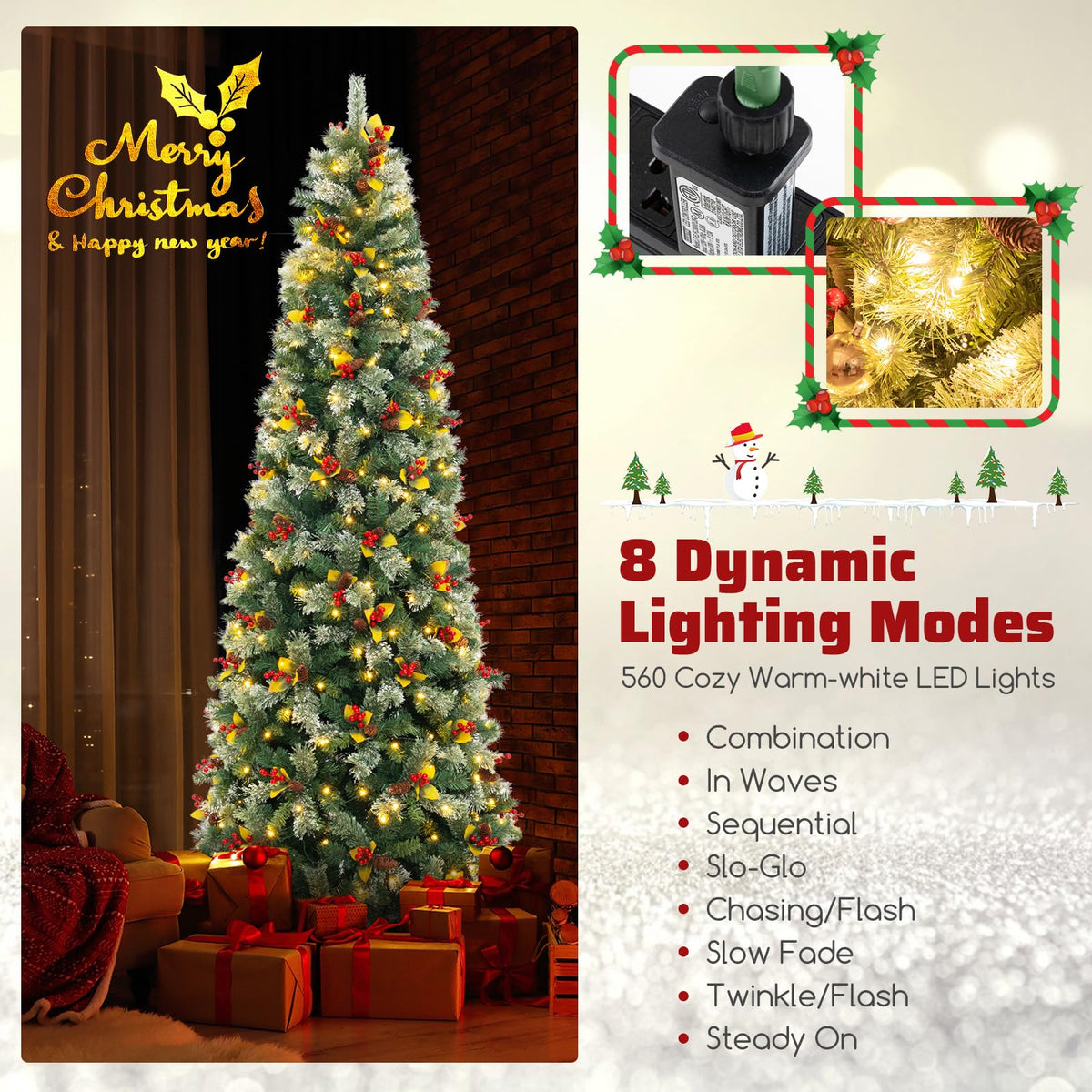 Lucktree 9ft Pre-Lit Artificial Christmas Tree, Hinged Xmas Tree with 1416 PVC & Pine Needles