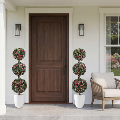 Lucktree 43.5" Faux Potted Floral Plant Artificial Triple Ball Rose Topiary Tree ( 1/2 pack )