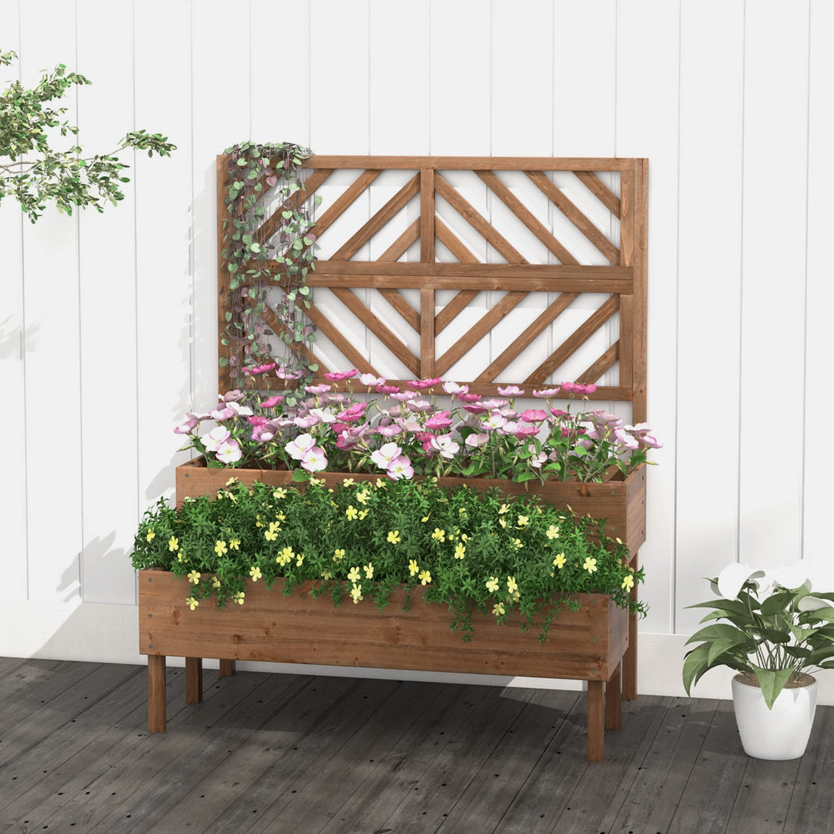 Lucktree Raised Garden Bed with Trellis, 2-Tier Wooden Planter Box with Legs and Drain Holes (Brown)