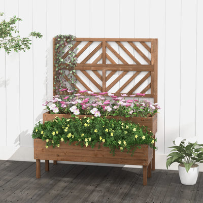 Lucktree Raised Garden Bed with Trellis, 2-Tier Wooden Planter Box with Legs and Drain Holes (Brown)