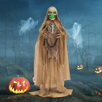 Lucktree 5.6 FT Halloween Standing Animated Skeleton with Chain, Animatronic Skull Grim Reaper with LED lights
