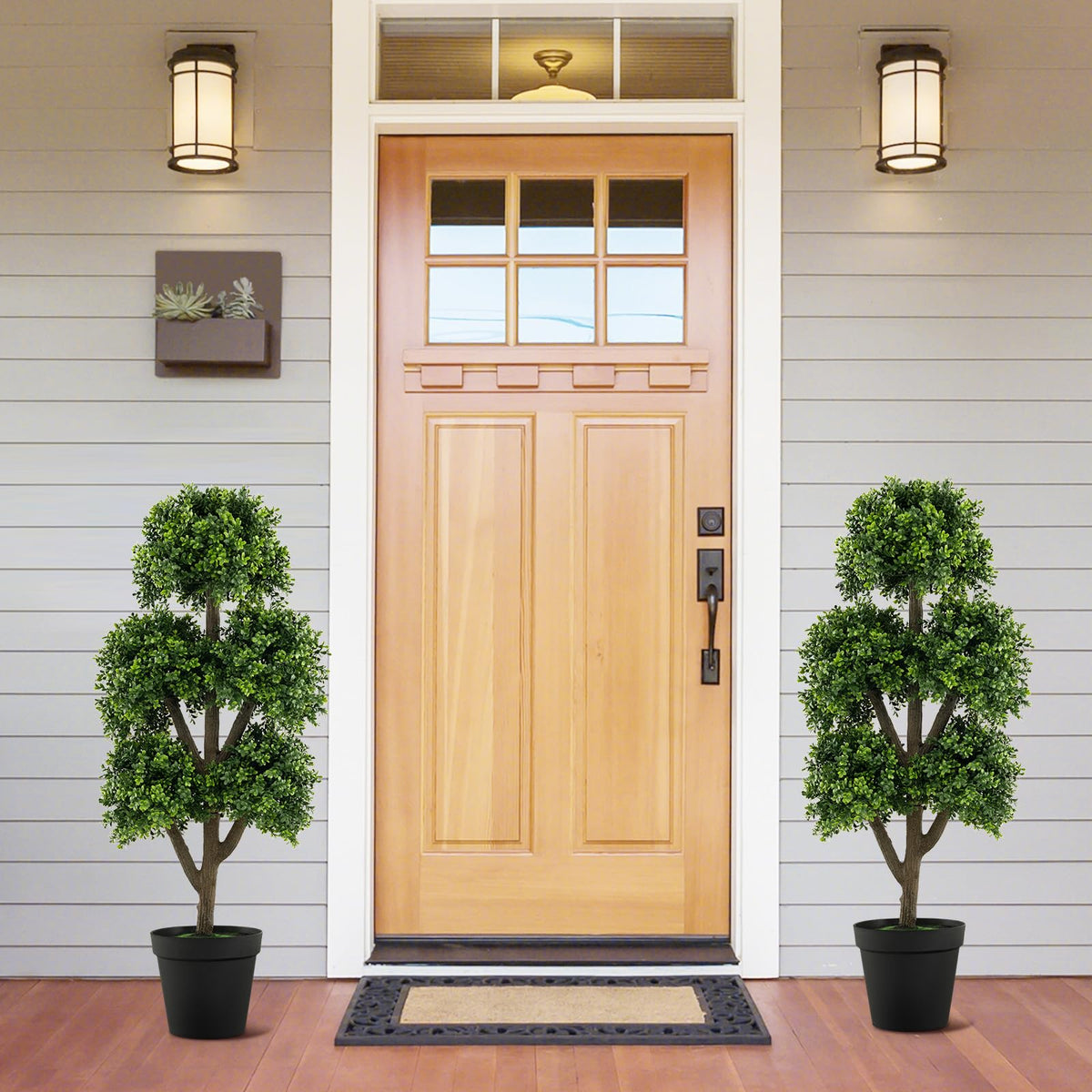 Lucktree Artificial Boxwood Topiary Tree, 45” Tall Faux Potted Plants with 5 Ball-Shaped Topiaries, Cement Flowerpot