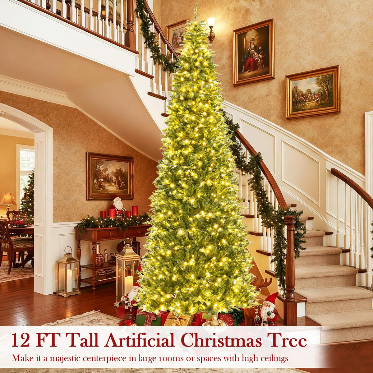 Lucktree 12 FT Tall Pre-Lit Hinged Xmas Tree with Quick Power Connector