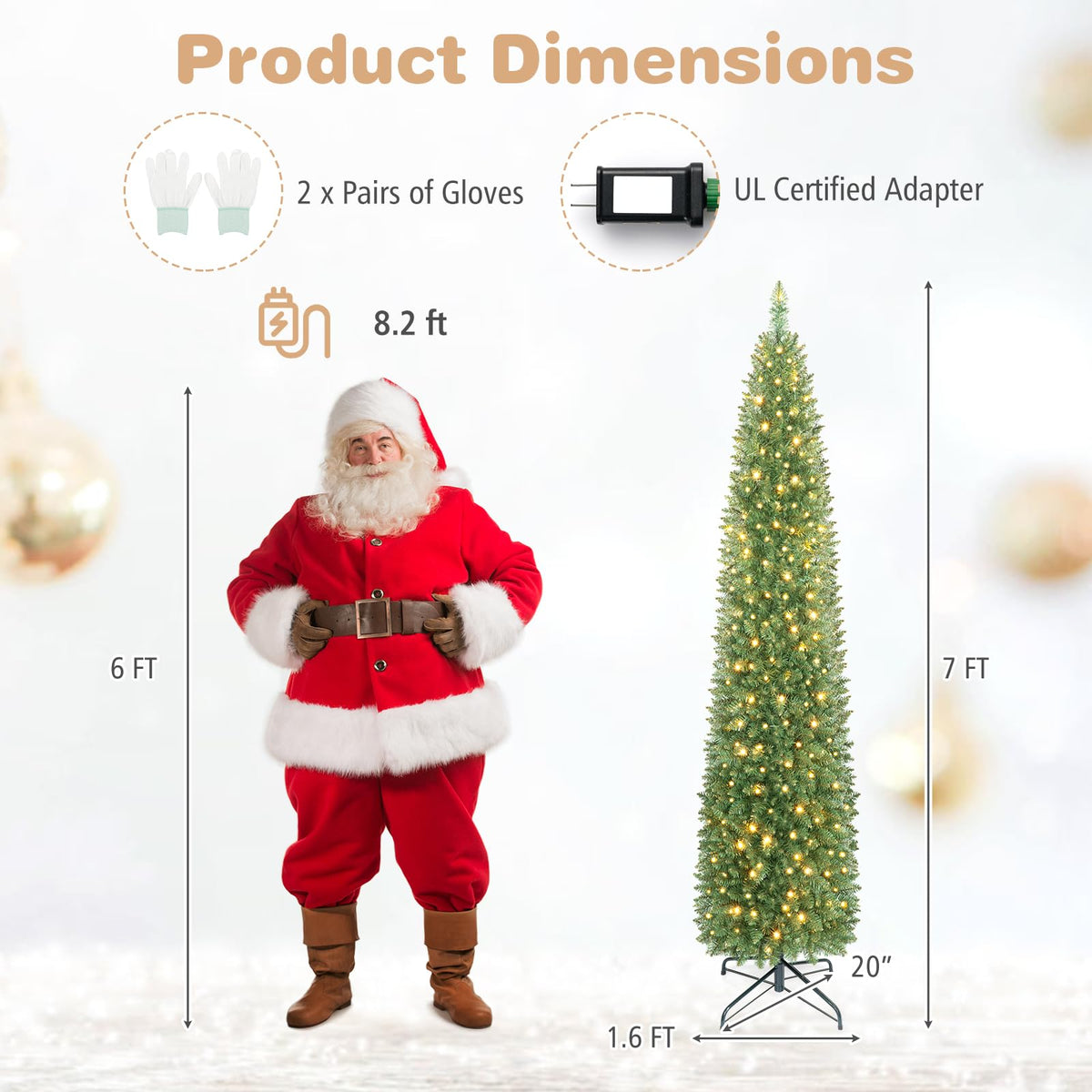 5ft/6ft/7ft/8ft/9ft/ Pre-Lit Pencil Christmas Tree, Slim Artificial Xmas Tree