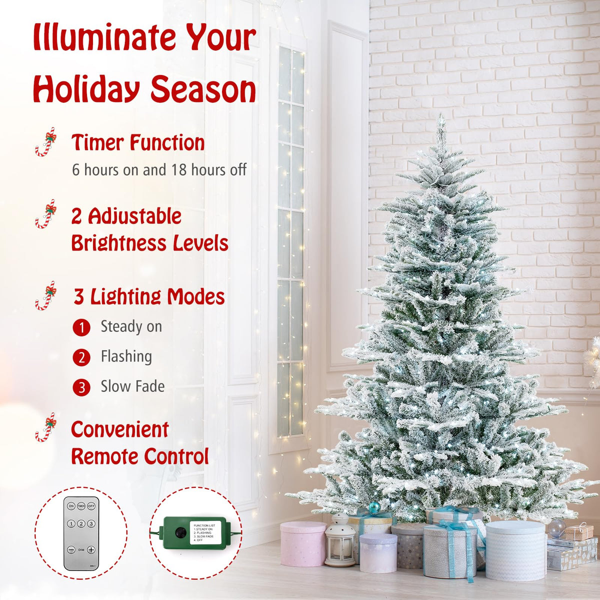 Lucktree 6/7/8 ft Pre-Lit Snow Flocked Christmas Tree, Artificial Hinged Xmas Tree with 661/1119/1447 PVC & PE Tips
