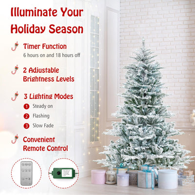 Lucktree 6/7/8 ft Pre-Lit Snow Flocked Christmas Tree, Artificial Hinged Xmas Tree with 661/1119/1447 PVC & PE Tips