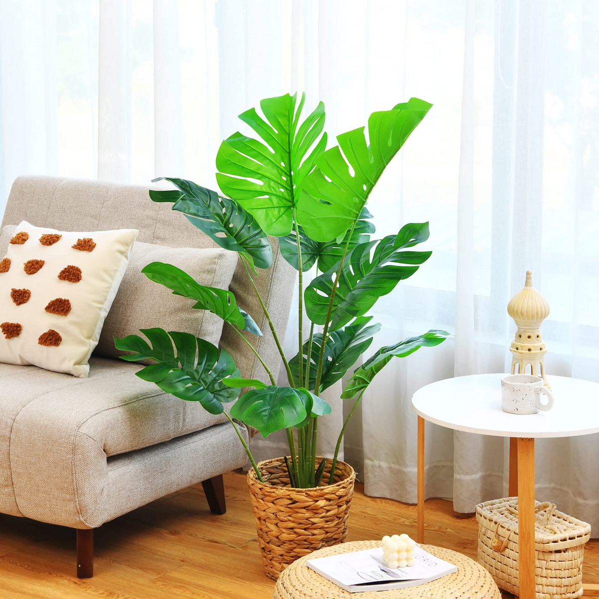 Lucktree Artificial Monstera Deliciosa Plant, 4ft Tall Fake Tropical Palm Tree w/10 Pcs Different Turtle Leaves - LucktreeUS