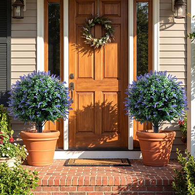 Lucktree 2 Pack Artificial Lavender Boxwood Topiary Ball Trees 27.5" Faux Floral Shrubs