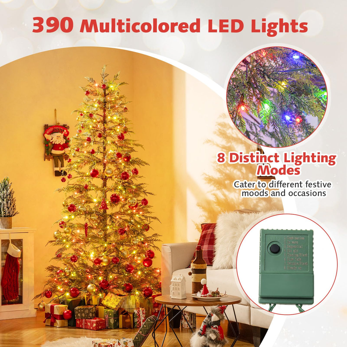 Lucktree 6.5FT / 7.5FT Pre-Lit Hinged Sparse Xmas Fir Tree with Multicolored LED Lights
