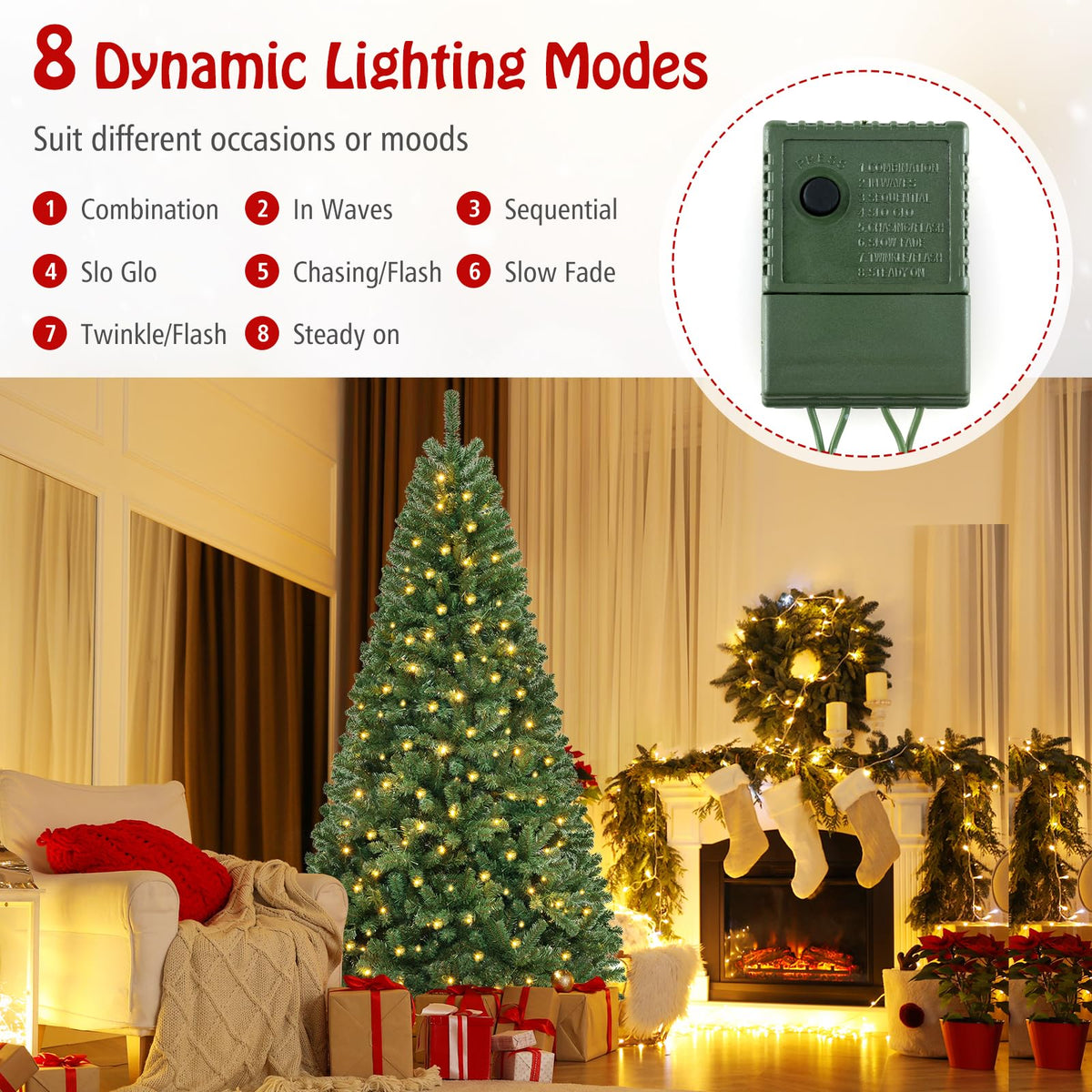 Lucktree 8ft Pre-Lit Christmas Tree, Artificial Hinged Xmas Tree with 400 Warm White LED Lights