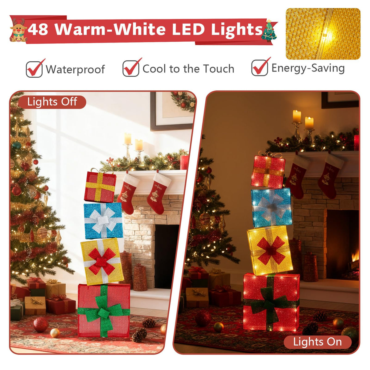 Lucktree 4 Ft Lighted Gift Boxes Stackable, Pre-lit Xmas Boxes Decoration w/LED Lights