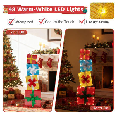 Lucktree 4 Ft Lighted Gift Boxes Stackable, Pre-lit Xmas Boxes Decoration w/LED Lights