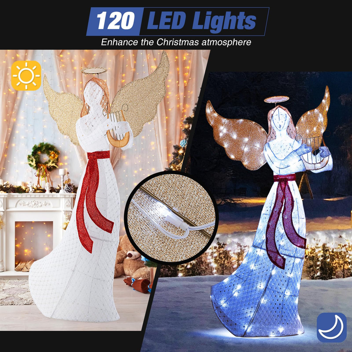 Lucktree 5 FT Christmas Lighted Angel, Pre-Lit Winged Holiday Figure Angel with 120 Cold White LED Lights