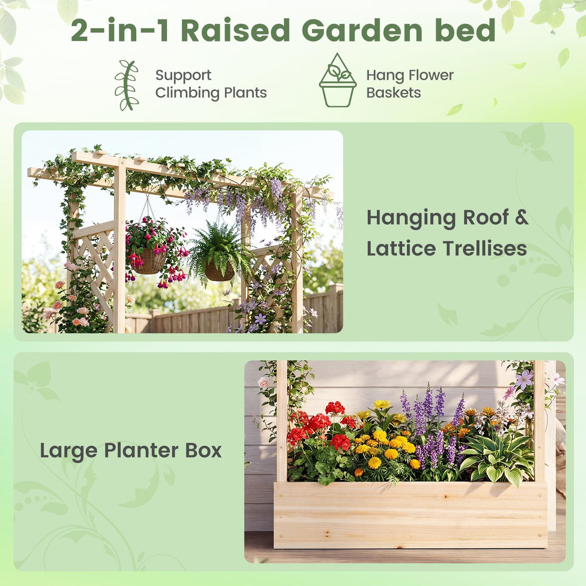 Lucktree Wooden Raised Garden Bed with Trellis & Hanging Roof