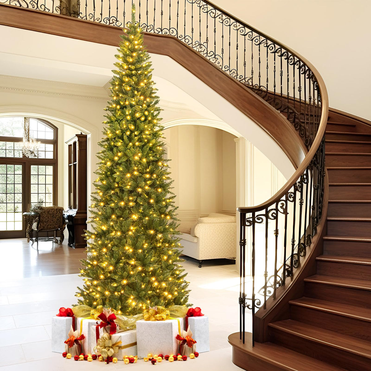 Lucktree 12ft Pre-Lit Artificial Christmas Tree with 360° Quick Power Connector