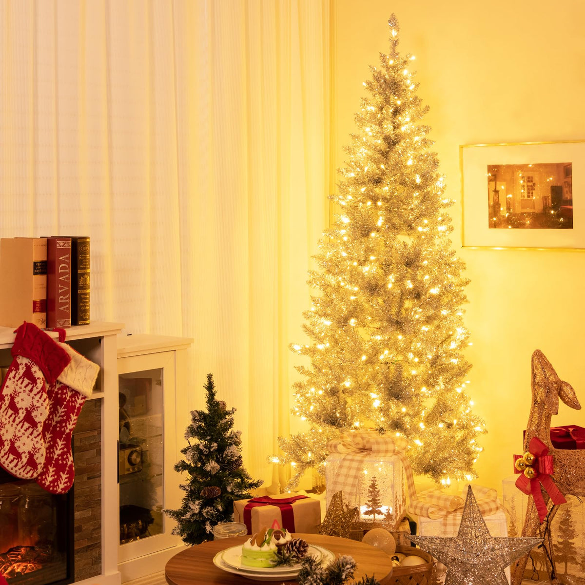 Lucktree 6ft Pre-lit Silver Pencil Christmas Tree, Artificial Tinsel Electroplated Tree, Decor for Home