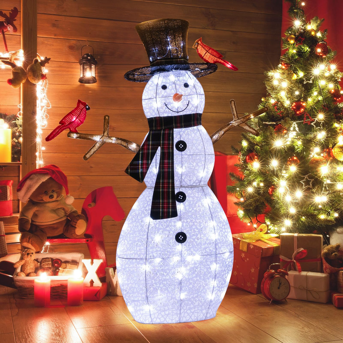 4.2 FT Lighted Christmas Snowman with Redbirds - Lucktree