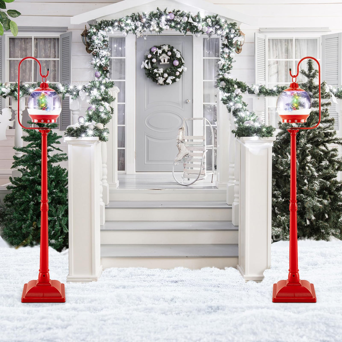 Lucktree 68 Inch Musical Christmas Street Lamp, Festive Lamp Post w/Sound-Activated Snow Globe Lantern