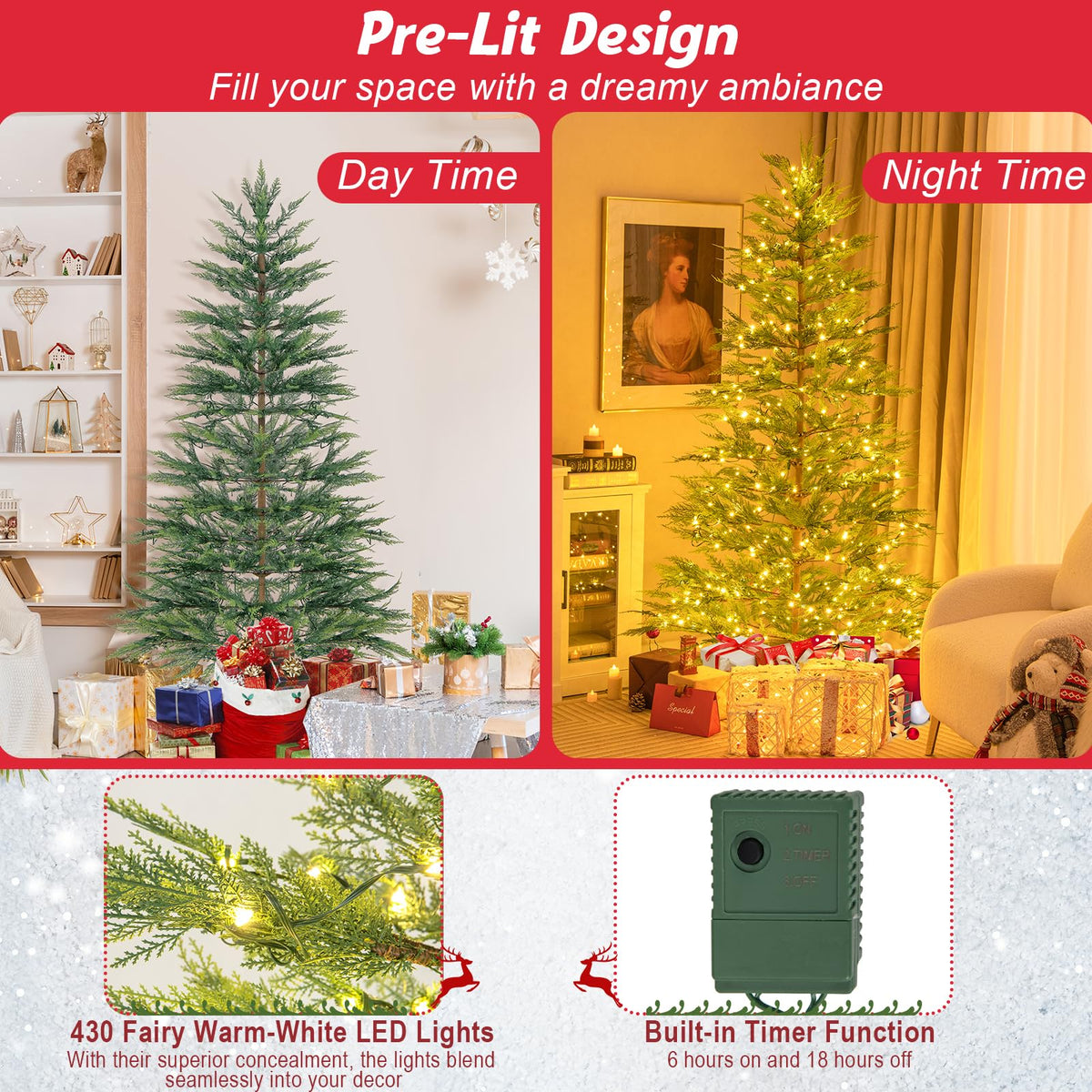 Lucktree 6.5ft / 7.5ft Simulated Artificial Cypress Xmas Tree with Warm-White Fairy LED Lights