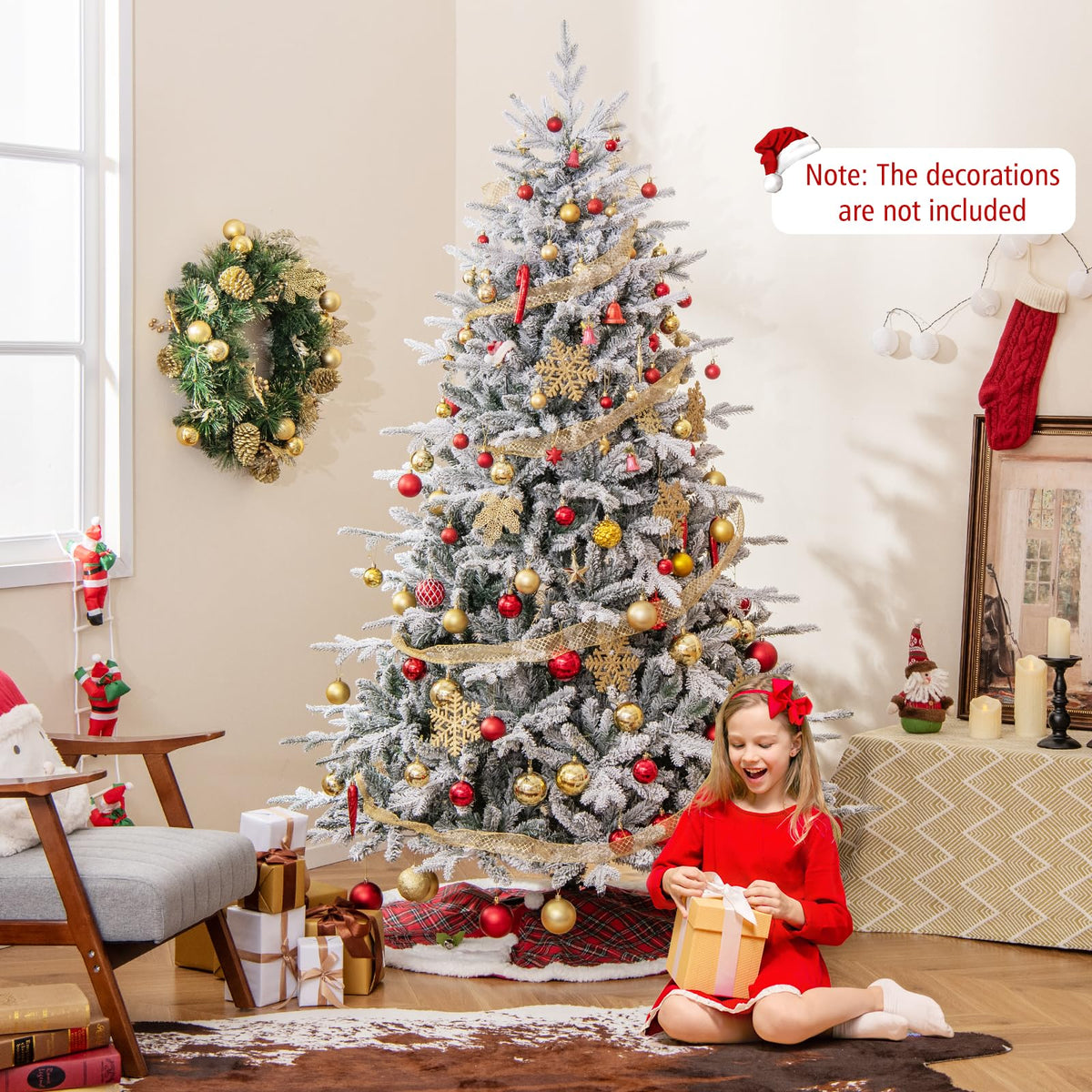 Lucktree 7ft Pre-Lit Snow Flocked Christmas Tree, Artificial Hinged Full Xmas Tree with 350 Multicolored LED Lights