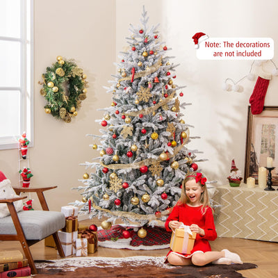 Lucktree 7ft Pre-Lit Snow Flocked Christmas Tree, Artificial Hinged Full Xmas Tree with 350 Multicolored LED Lights