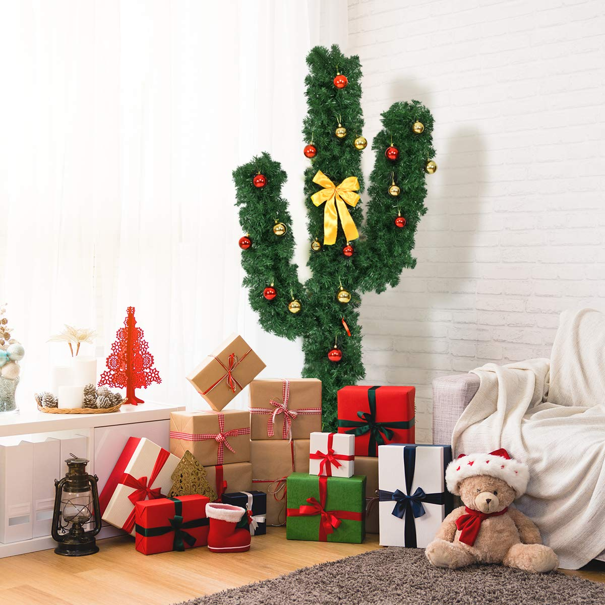 Lucktree Pre-Lit Artificial Cactus Christmas Tree with LED Lights and Ball Ornaments - LucktreeUS