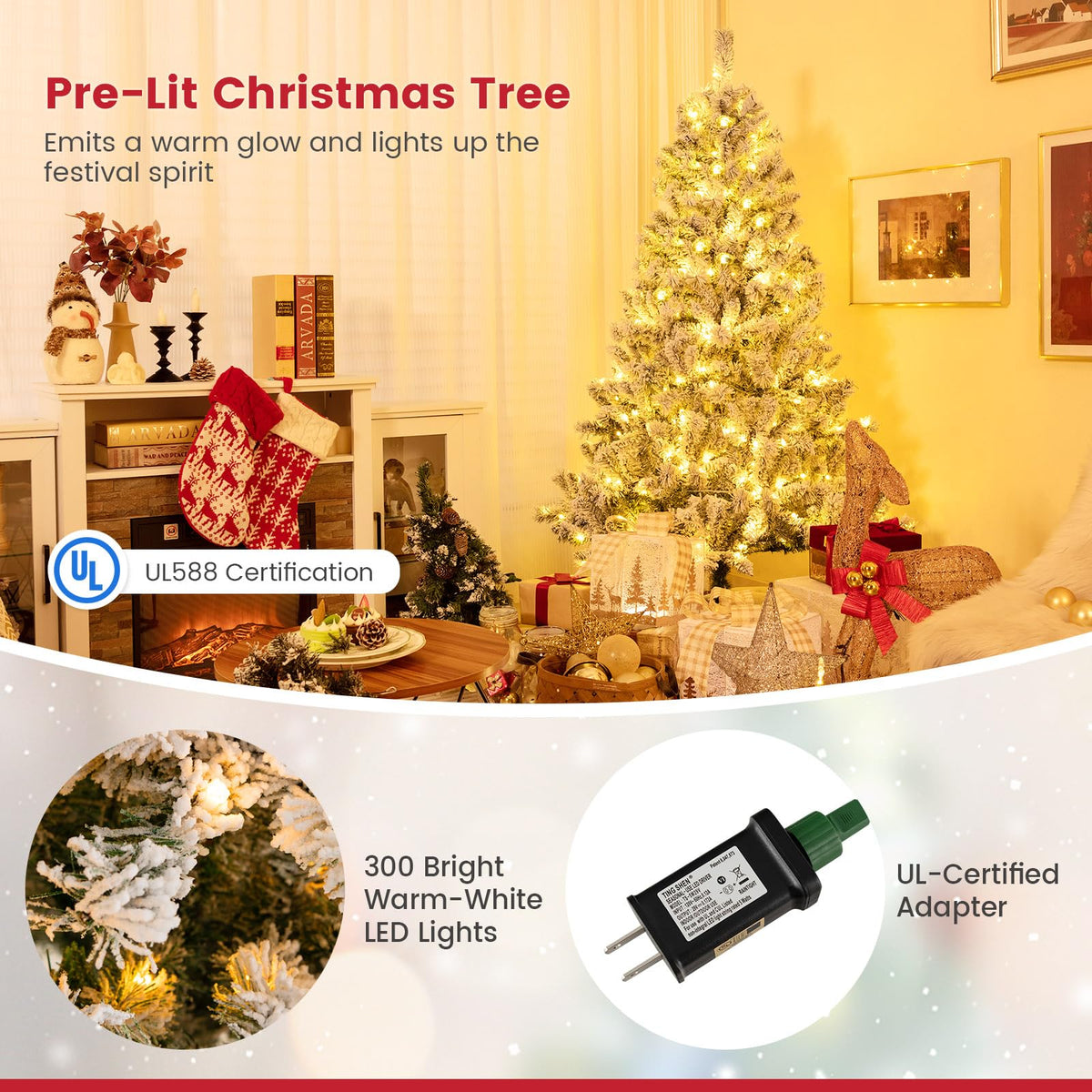 Lucktree 3-Minute-Setup Pre-Lit Snow Flocked Christmas Tree Artificial Hinged Xmas Tree