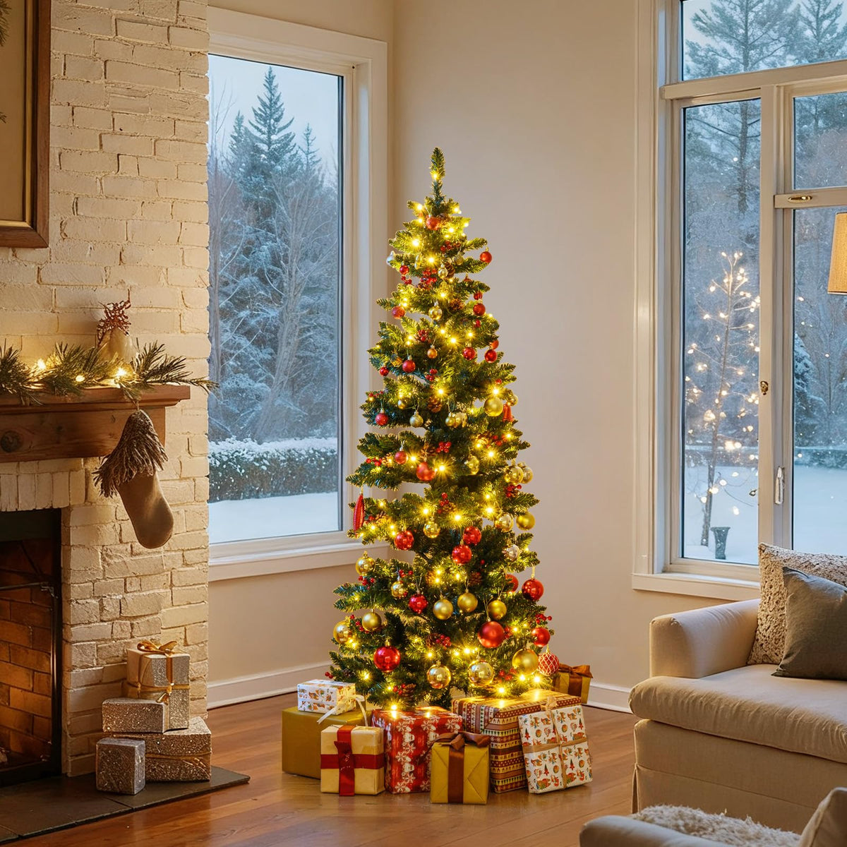Lucktree 6FT / 7FT Pre-Lit Spiral Christmas Tree with Branch Tips Pine Cones Red Berries