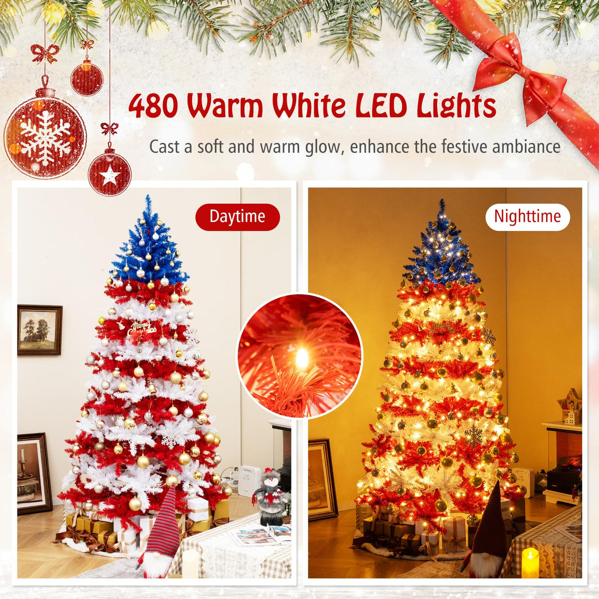 Lucktree 7.5 FT Pre-Lit Patriotic Artificial Christmas Tree, Flag-Themed Hinged Xmas Tree with 480 Warm White LED Lights