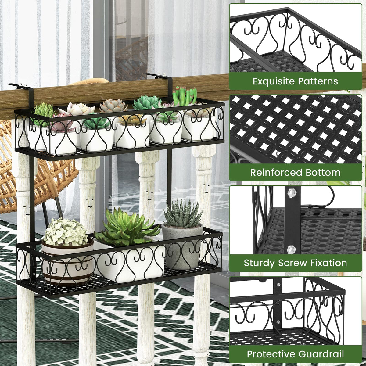 Lucktree Balcoy Flower Pot Stand Rack w/ Adjustable Hooks & 2 Planter Baskets