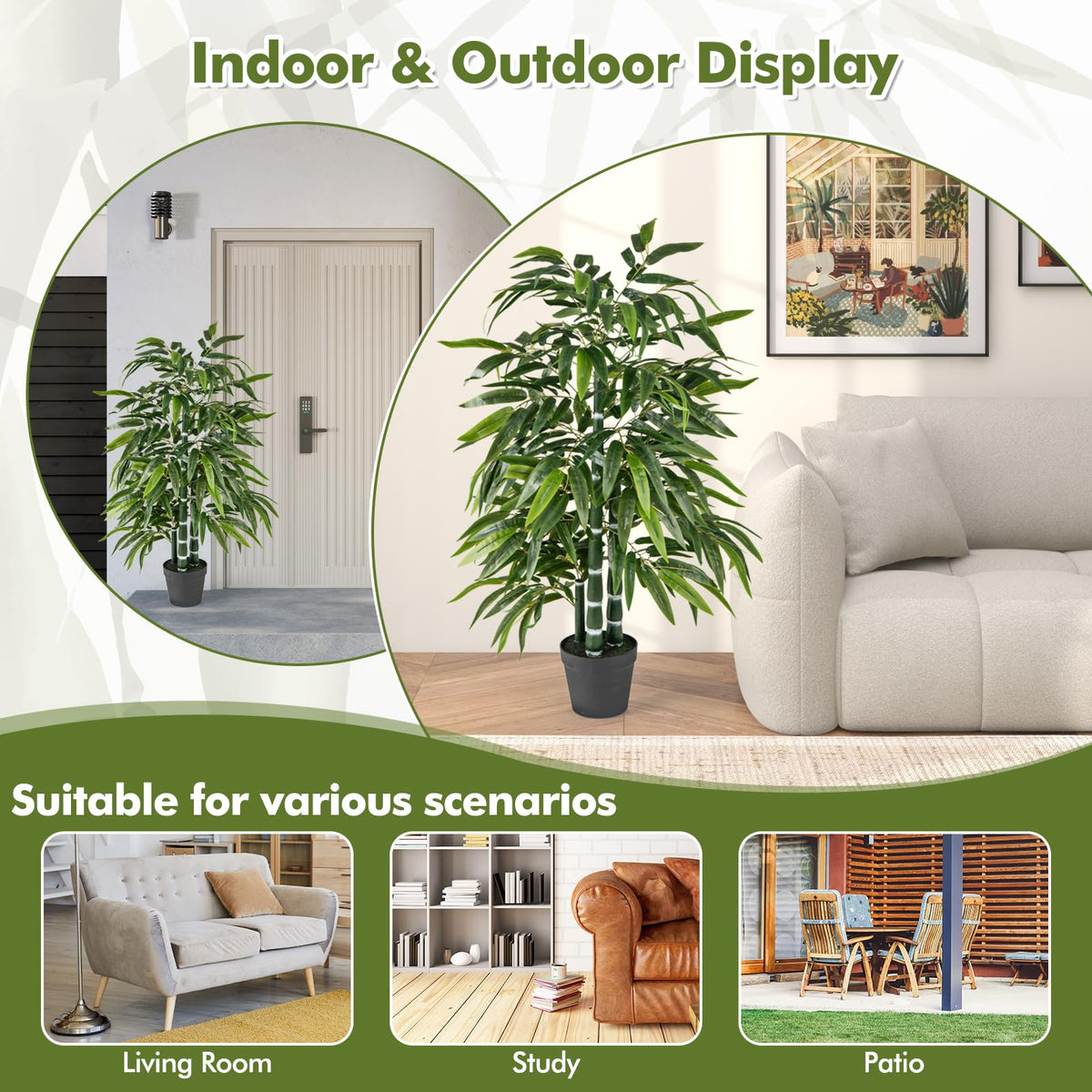 Lucktree Artificial Bamboo Tree, 50" Tall Set of 2 Fake Bamboo Plant with 3 PE Bamboo Trunk & Flush Leaves