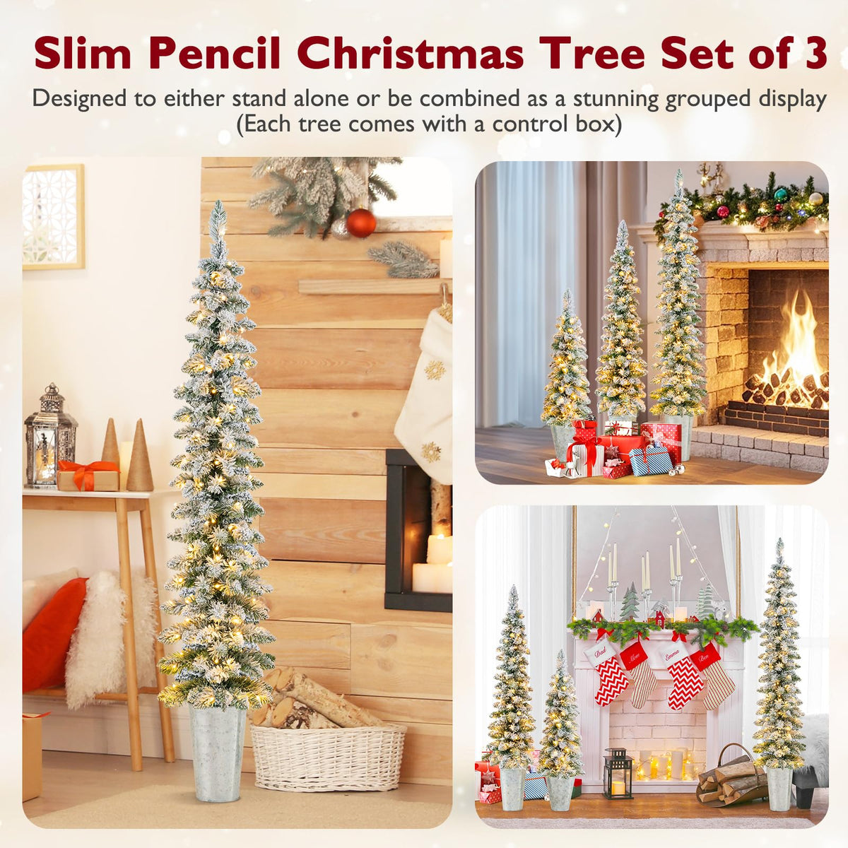 Lucktree 3' 4' 5' Pre-Lit Snow Flocked Christmas Tree Set of 3, Slim Pencil Artificial Potted Xmas Trees with 423 Branch Tips