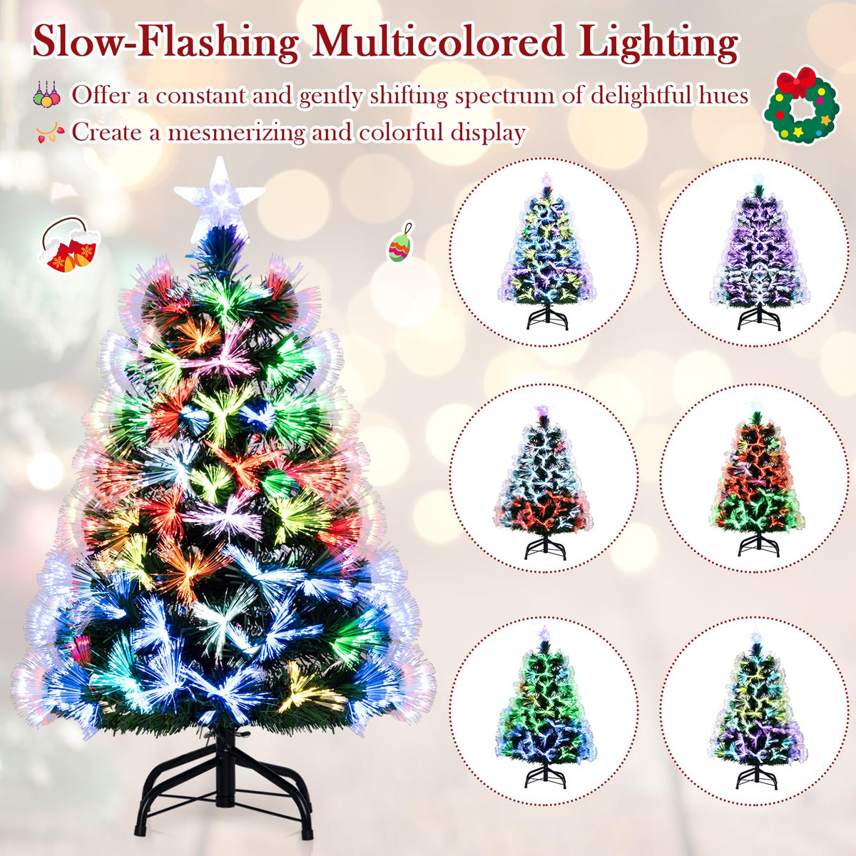 Lucktree 3 FT Pre-Lit Fiber Optic Christmas Tree with Slow-Flashing Multicolored Optical Fibers