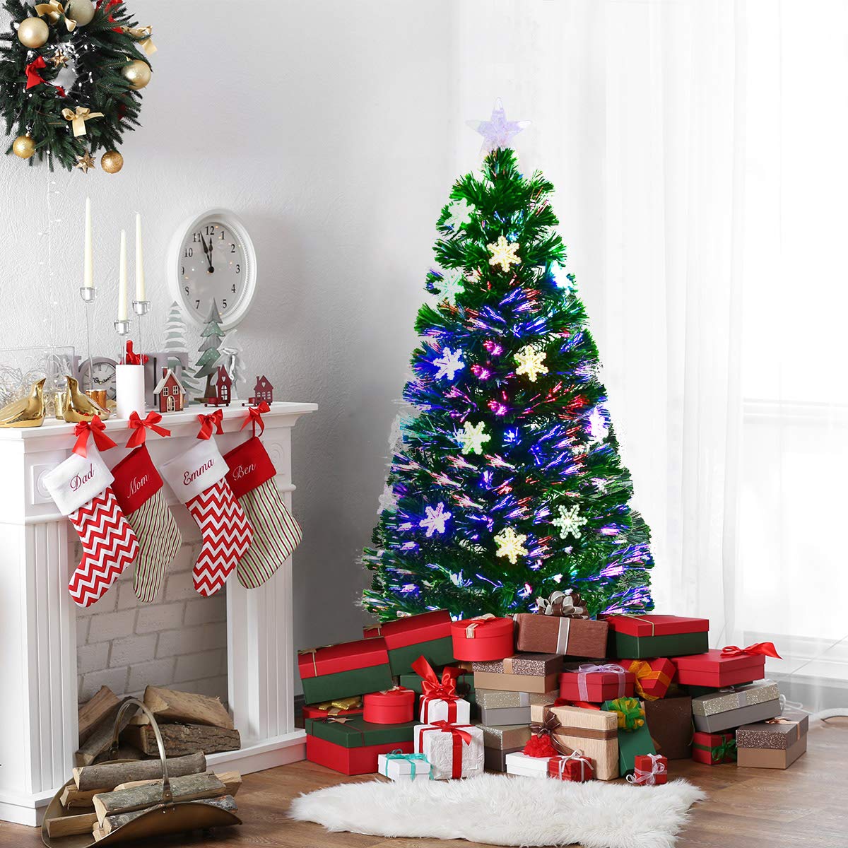 Lucktree 4ft Pre-Lit Fiber Optic Christmas Tree Artificial Xmas Full Tree with Colorful Snowflake LED Lights